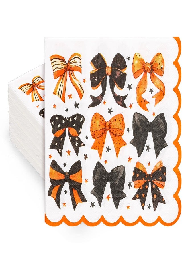 Whaline 50 Pcs Halloween Bow Paper Napkins Black Orange Bowknot Scalloped Disposable Napkins Luncheon Dinner Napkin for Birthday Trick or Treat Party Table Supplies - Image 1